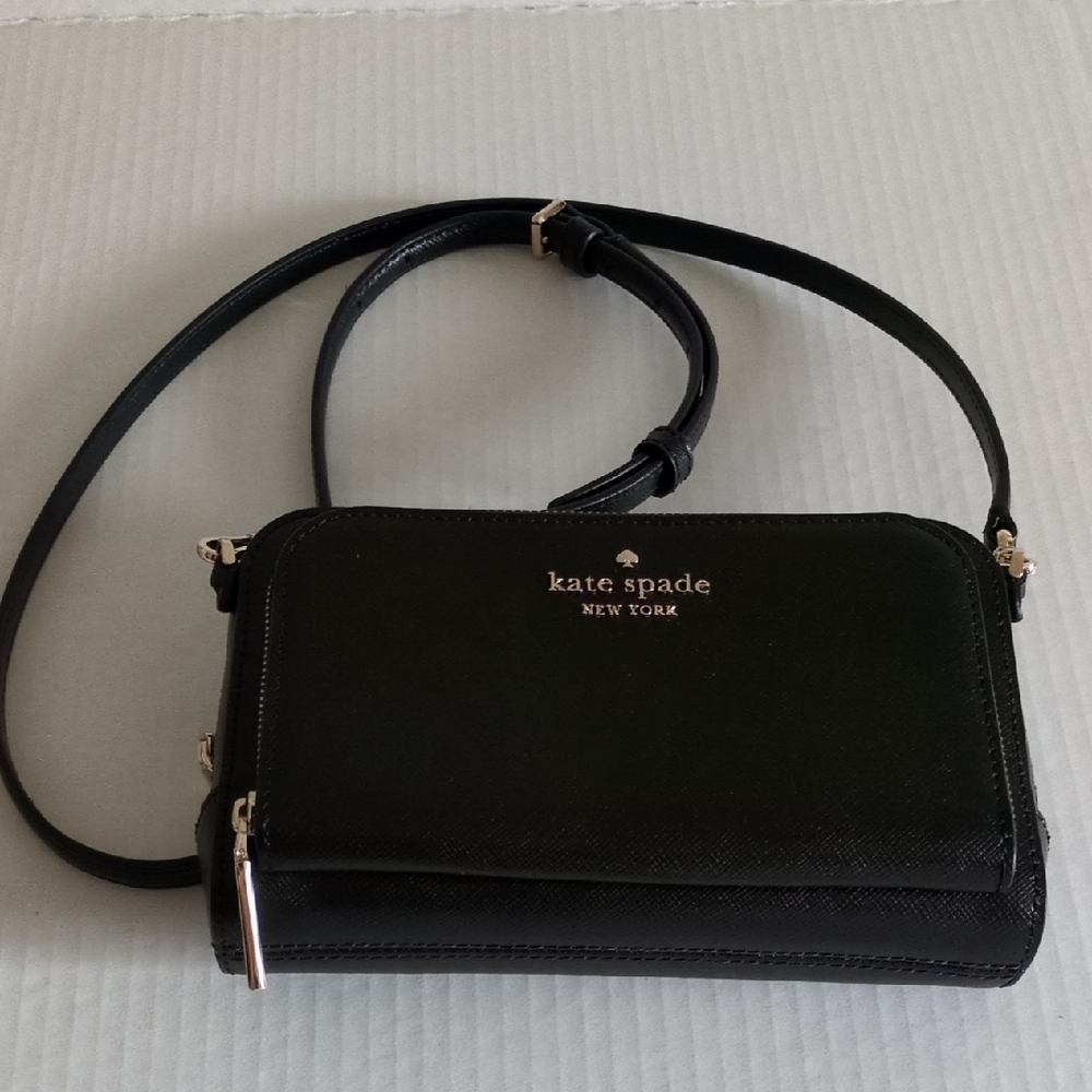 Kate Spade staci Dual Zip  Black Crossbody Wallet with Gold Hardware